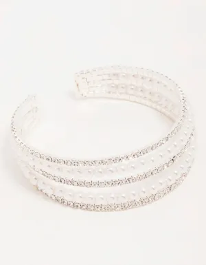 Silver Diamante & Pearl Alternating Cupchain Wrist Cuff