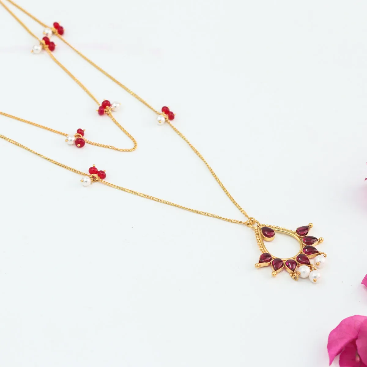 Silver Kempu Stone Pendant Necklace with Ruby (Gold Plated)