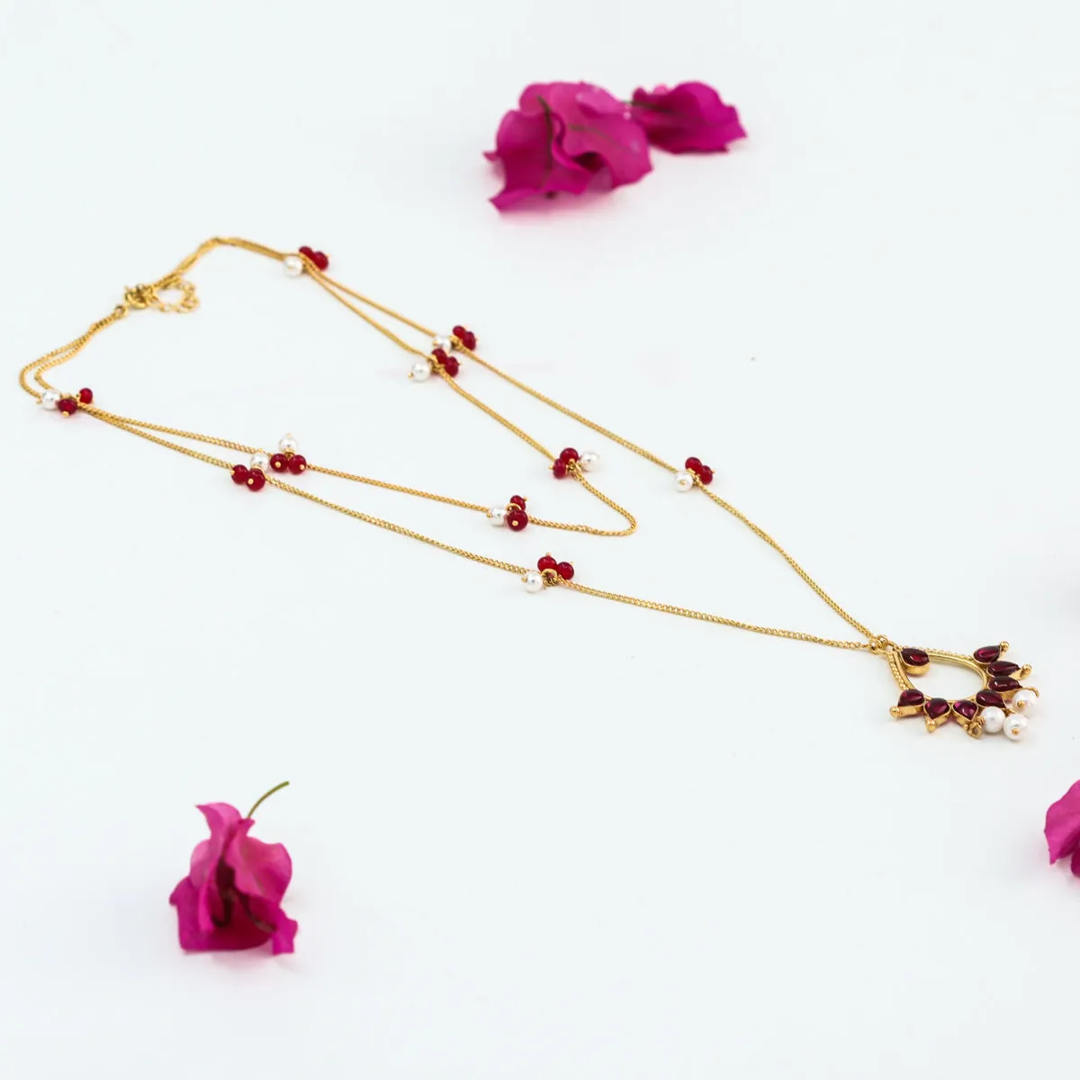 Silver Kempu Stone Pendant Necklace with Ruby (Gold Plated)
