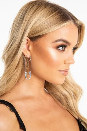 Silver Oversized Safety Pin Drop Earrings - Rossy