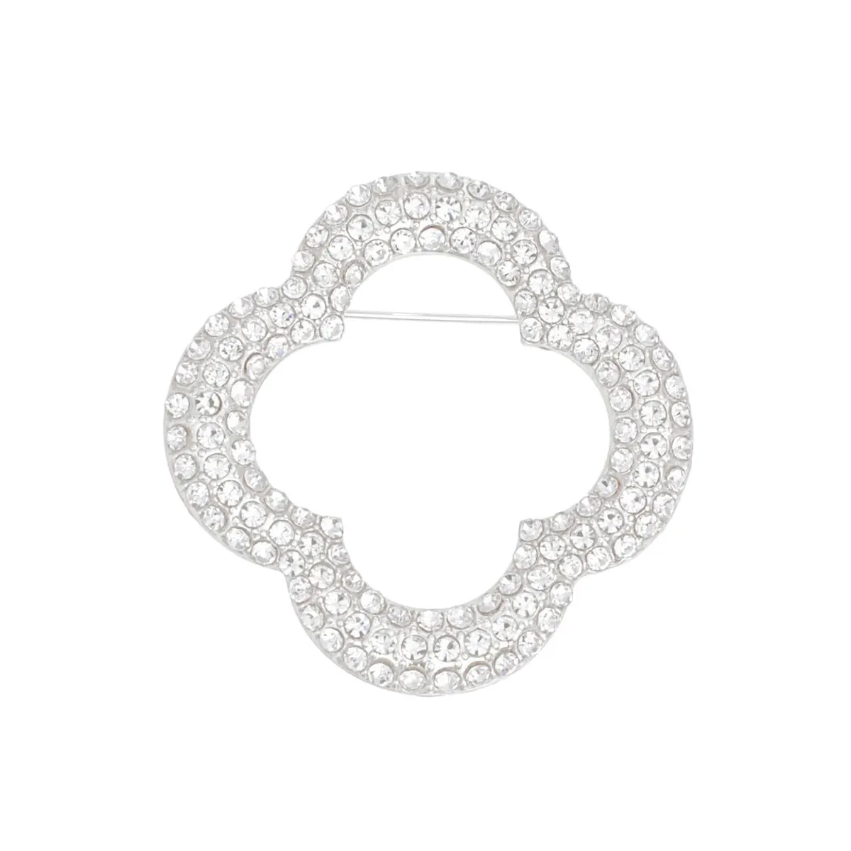 Silver Rhinestone Quatrefoil Clover Brooch - Sleek and Stylish