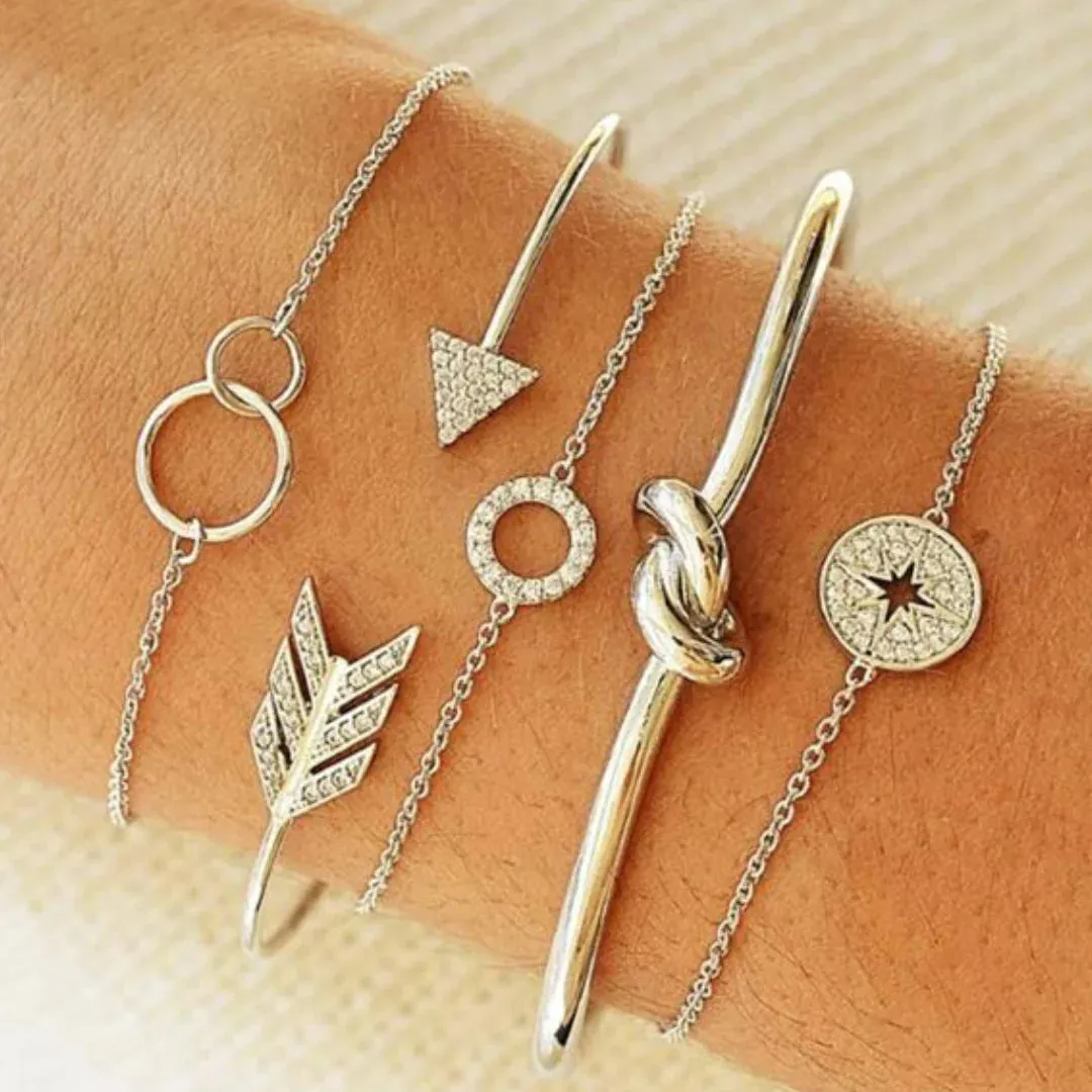 Silver Stacked Bracelet Set Of 5 - 2 Elegant Cuffs & 3 Charming Bracelets For Fashion Forward Style