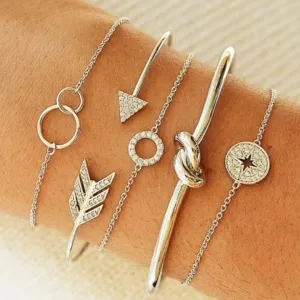 Silver Stacked Bracelet Set Of 5 - 2 Elegant Cuffs & 3 Charming Bracelets For Fashion Forward Style