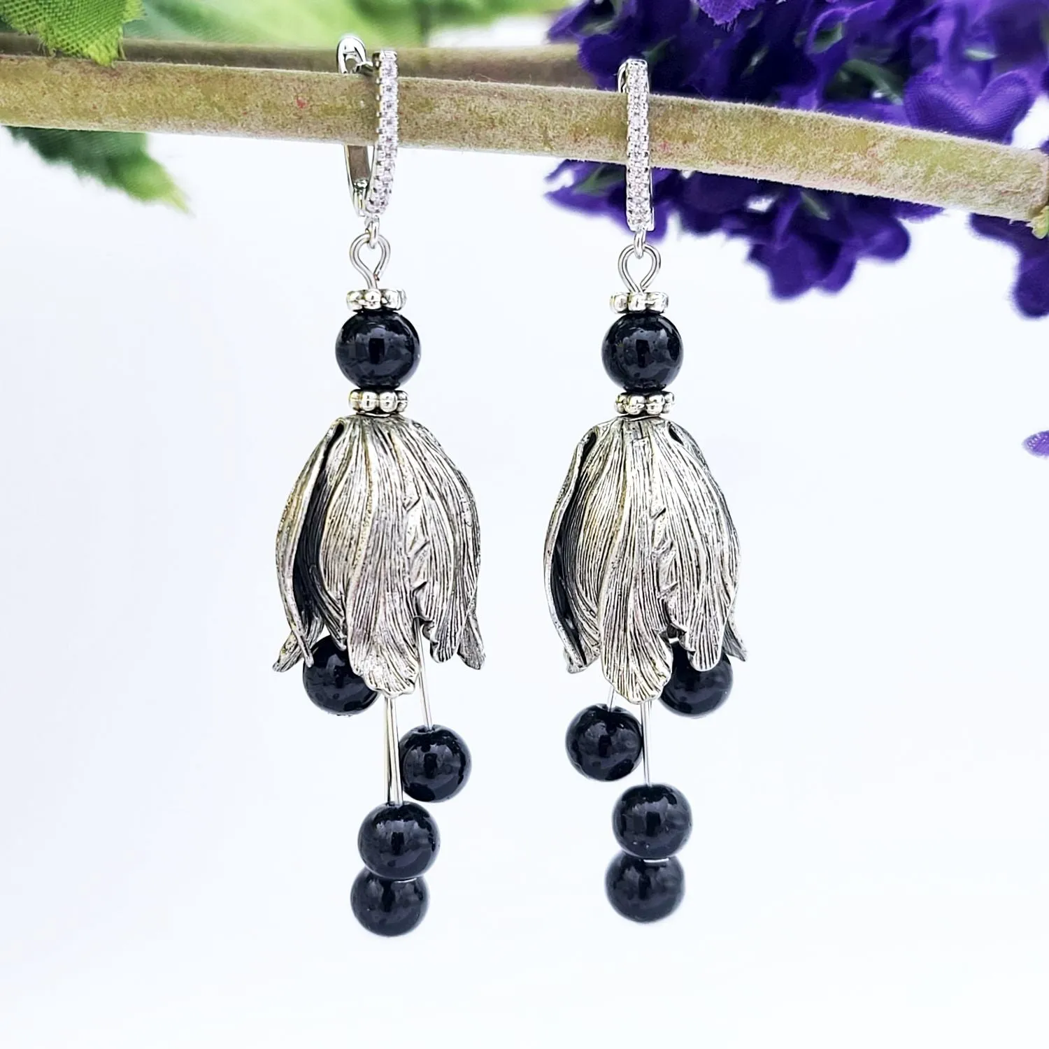 Silver Tulip Earrings with Black Bead  and Cubic Zirconia Hooks.