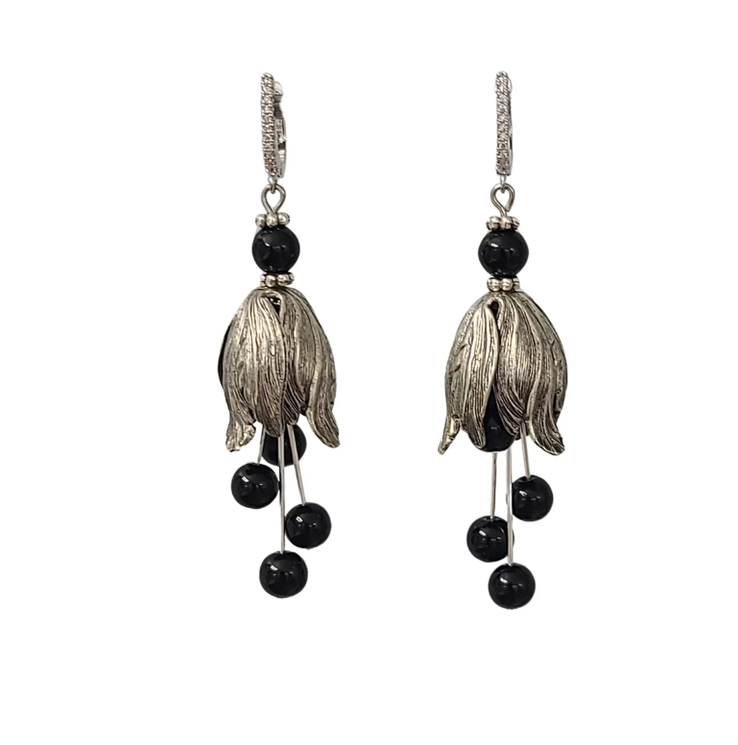 Silver Tulip Earrings with Black Bead  and Cubic Zirconia Hooks.