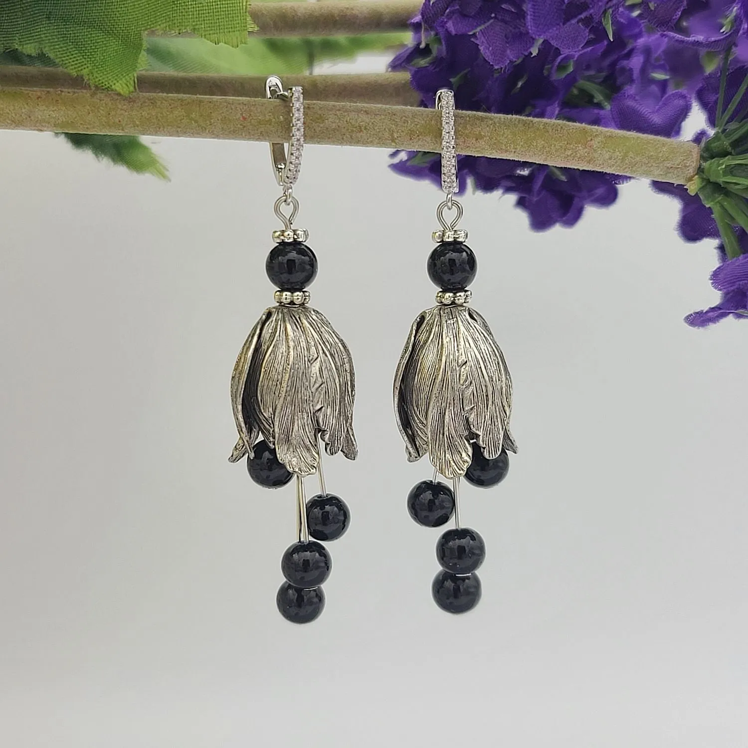 Silver Tulip Earrings with Black Bead  and Cubic Zirconia Hooks.