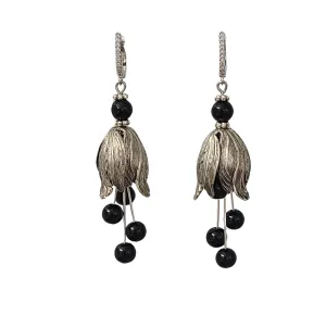 Silver Tulip Earrings with Black Bead  and Cubic Zirconia Hooks.
