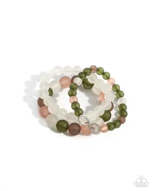 Simplistic Stack - Green - Brown, White, and Orange Bead Silver Infinity and Heart Paparazzi Stretchy Bracelet