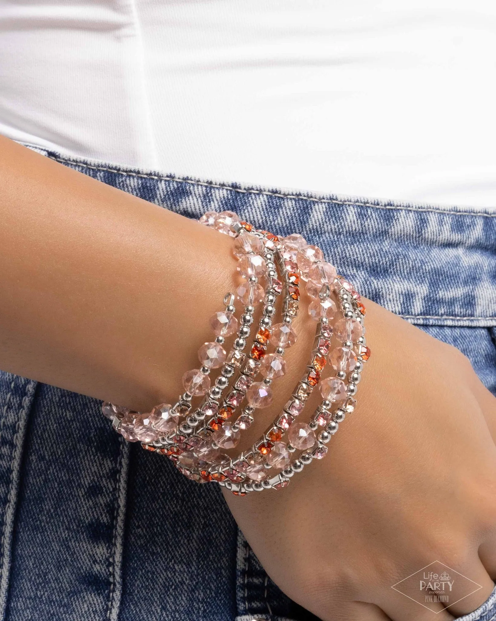 Sizzling Stack - Multi - Pink, Orange, Yellow Rhinestone and Bead Paparazzi Coil Bracelet - Pink Diamond Exclusive