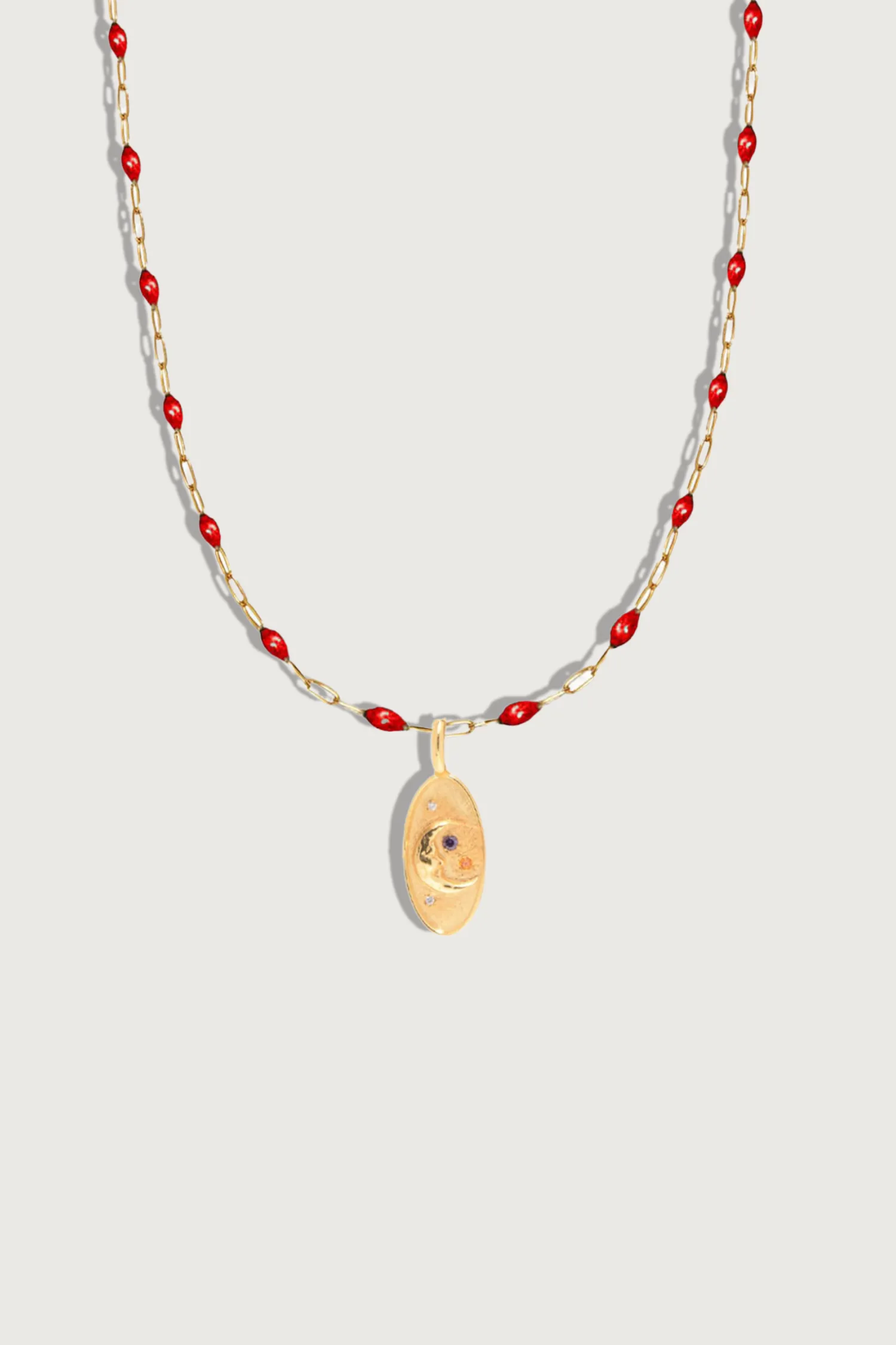 Sky Oval Charm With Enamel Chain Red