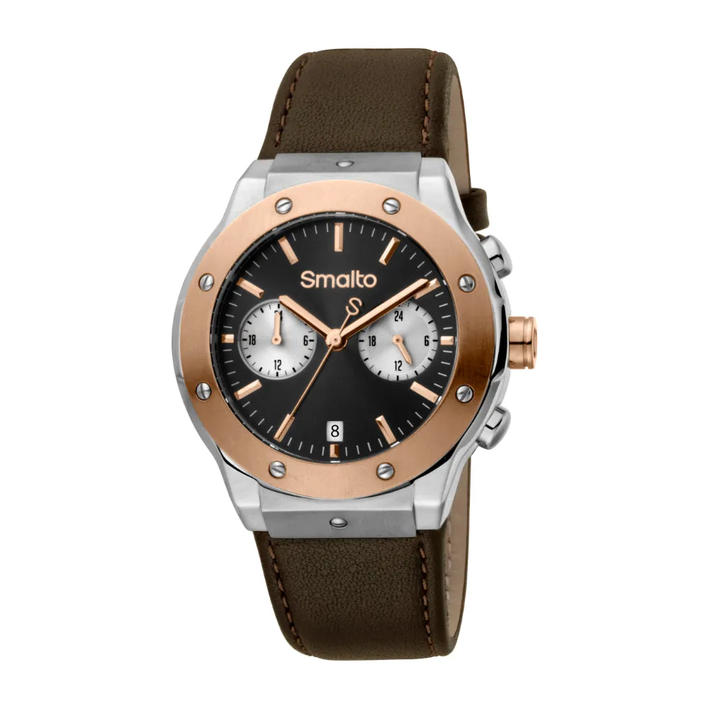 Smalto Men Watch, Two Tone Silver & Rose Gold Color Case, Black Dial, Brown Strap