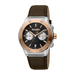 Smalto Men Watch, Two Tone Silver & Rose Gold Color Case, Black Dial, Brown Strap
