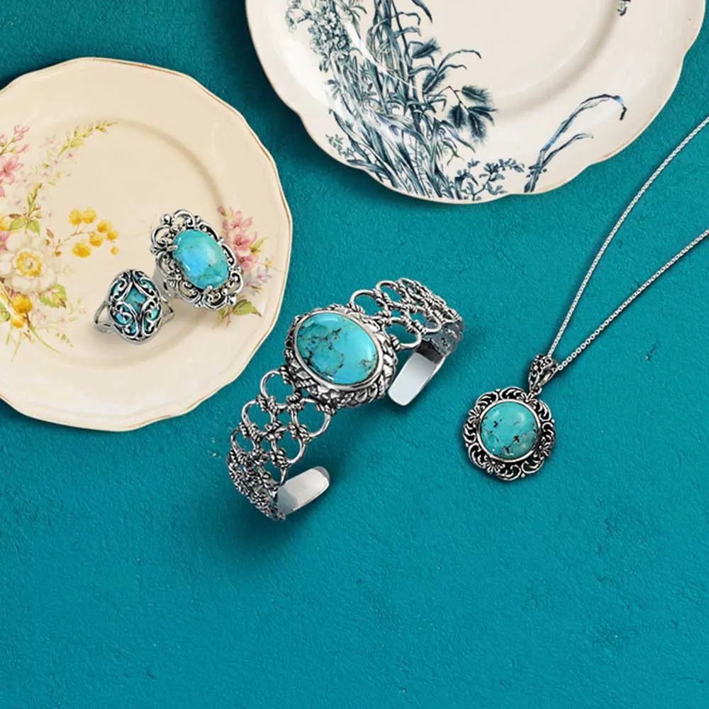 Southwestern Turquoise Cabochon Gemstone Cuff Bracelet in Sterling Silver