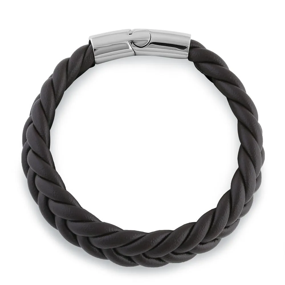 Stainless Steel Brown Leather Twist Bracelet