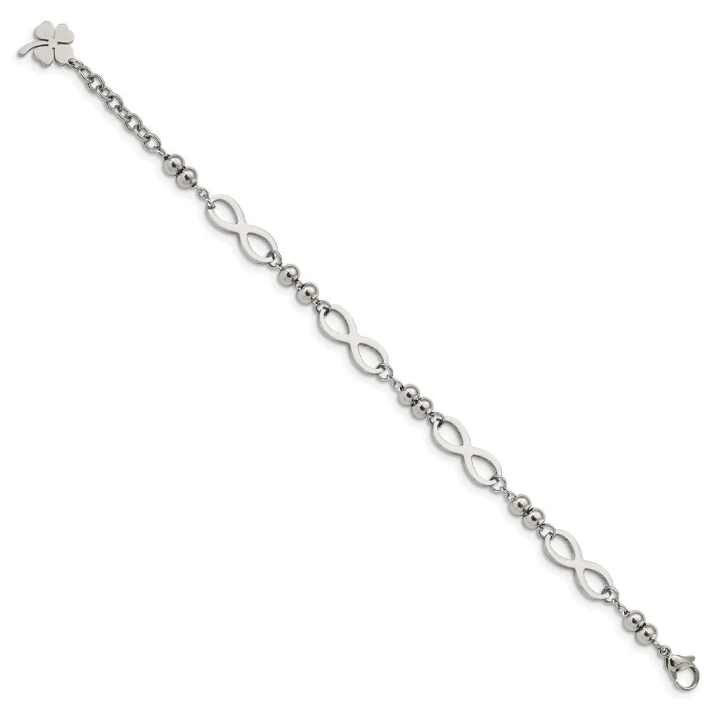Stainless Steel Polished Infinity 4 Leaf Clover 6.5in w/1in ext. Bracelet