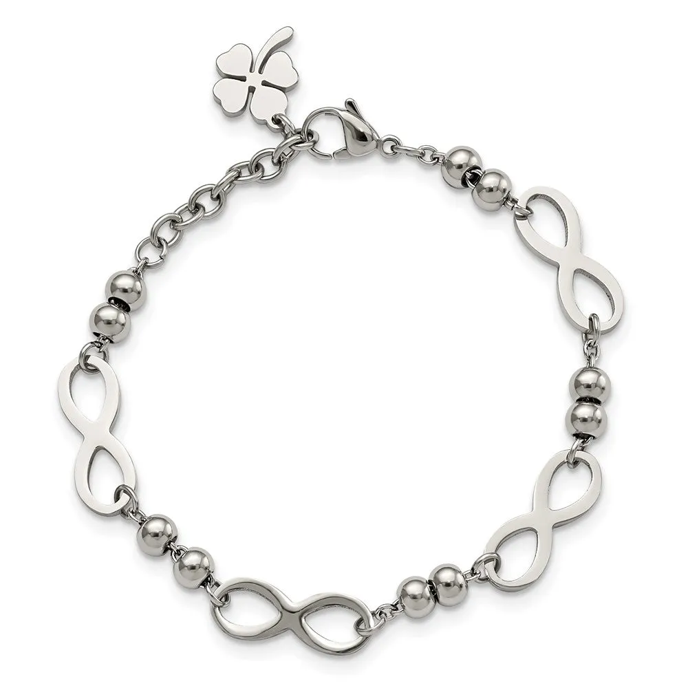 Stainless Steel Polished Infinity 4 Leaf Clover 6.5in w/1in ext. Bracelet