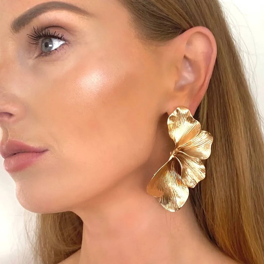 Statement Gold Iris Petal Flower Earrings I
