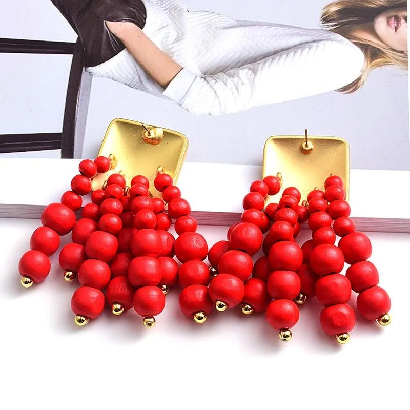 Statement Wooden Bead Drop Earrings