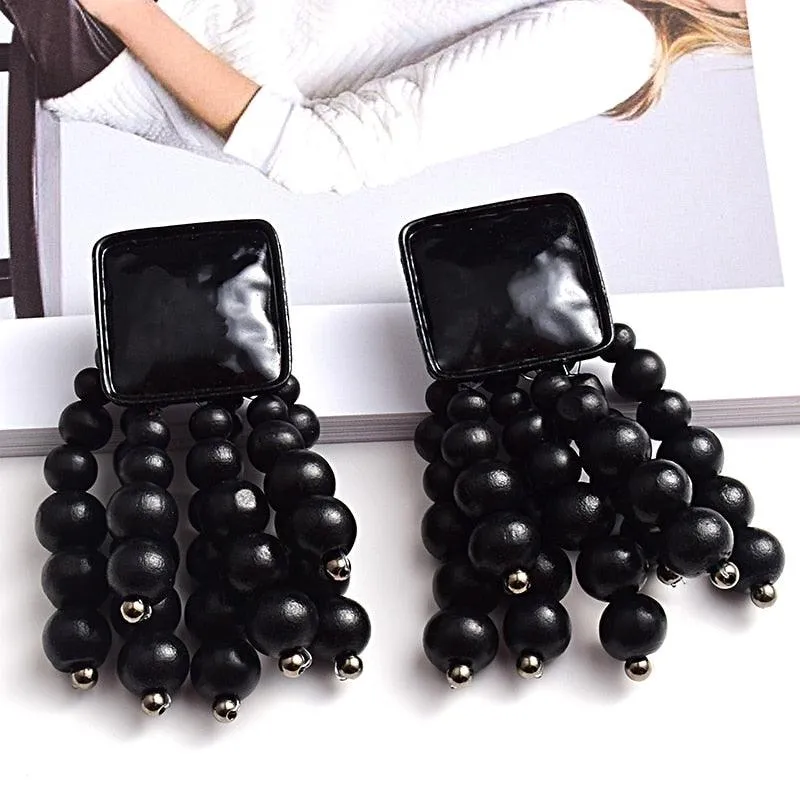 Statement Wooden Bead Drop Earrings