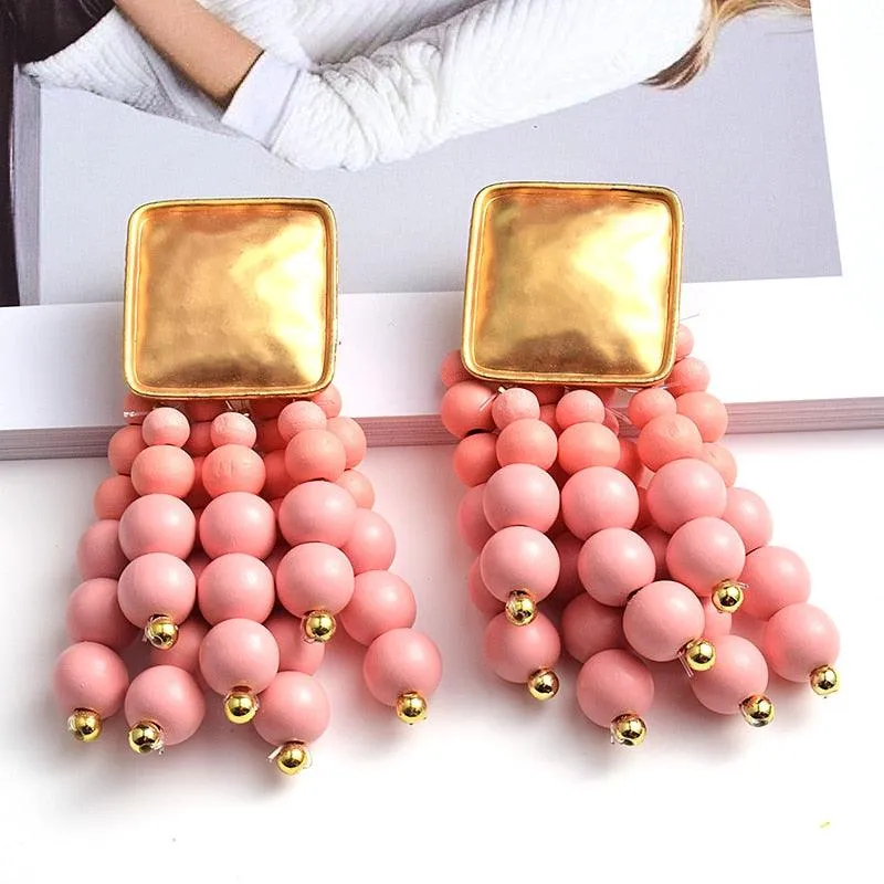 Statement Wooden Bead Drop Earrings