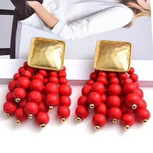 Statement Wooden Bead Drop Earrings
