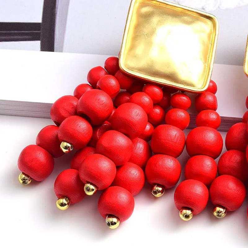 Statement Wooden Bead Drop Earrings