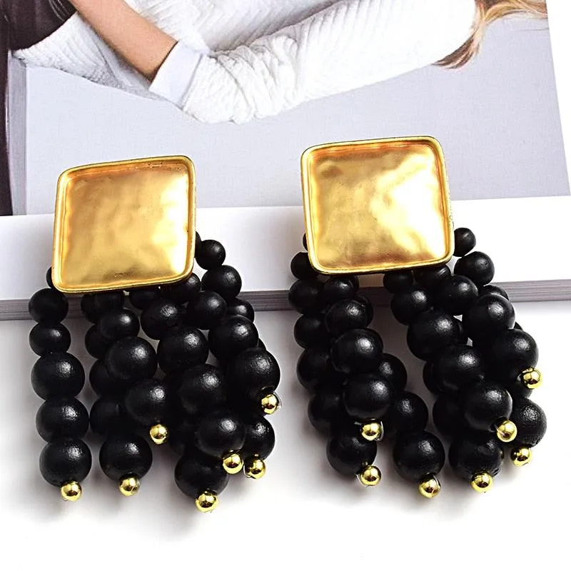 Statement Wooden Bead Drop Earrings