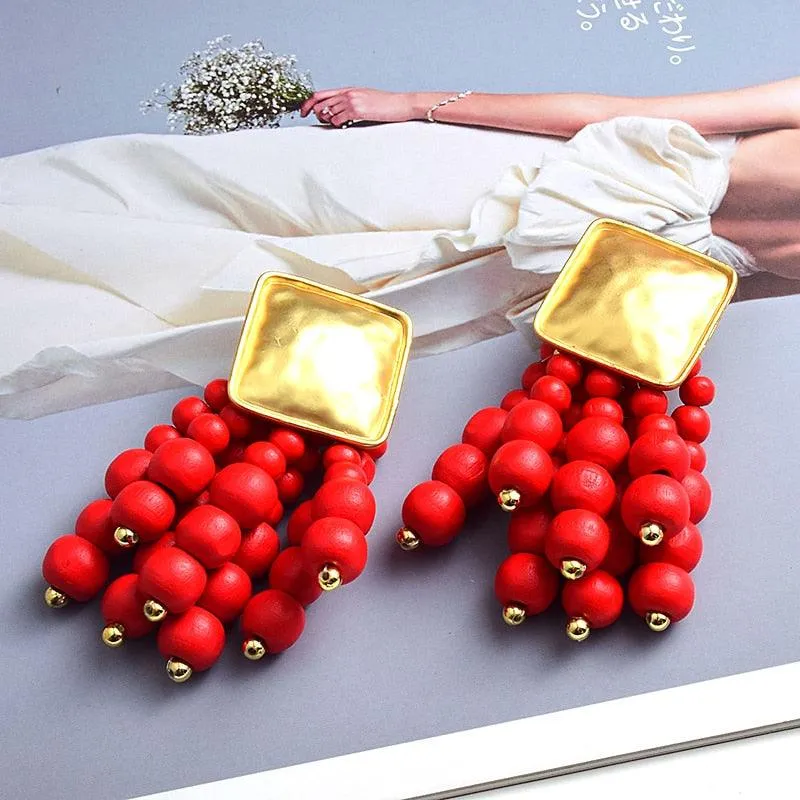 Statement Wooden Bead Drop Earrings