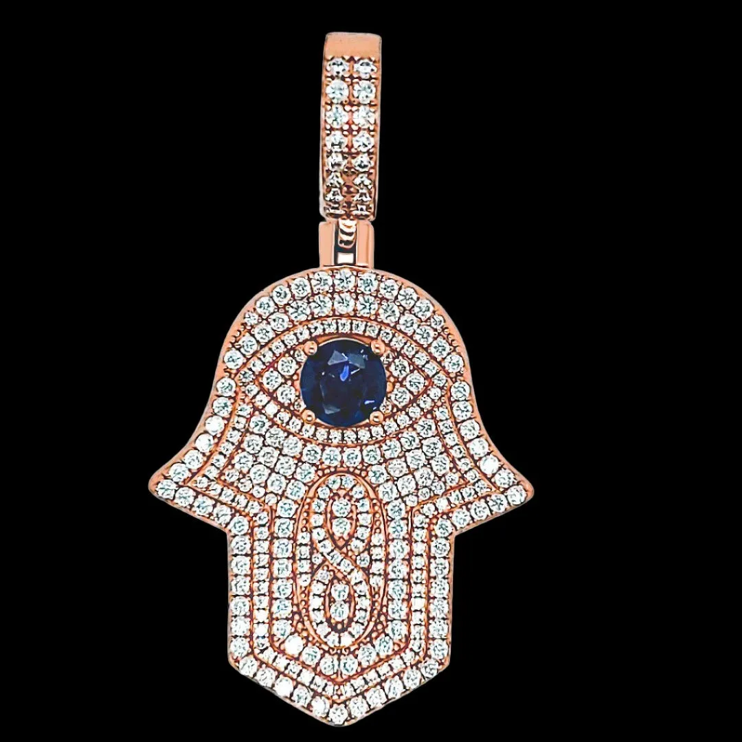 Sterling CZ Infinity Blue Cubic Zirconia 1.4" Hamsa Hande Pendant Charm - C414189