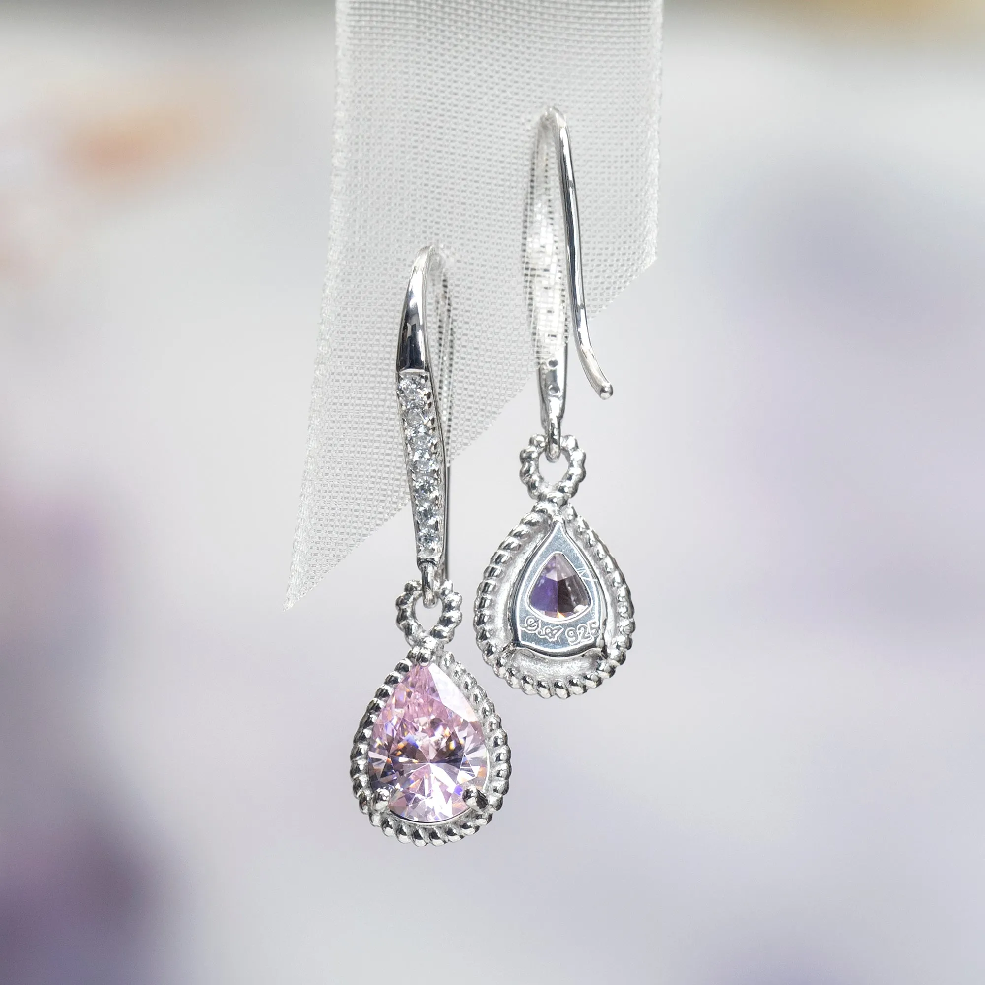 Sterling Silver 1 Carat Pear Cut Dangle Pink Earrings