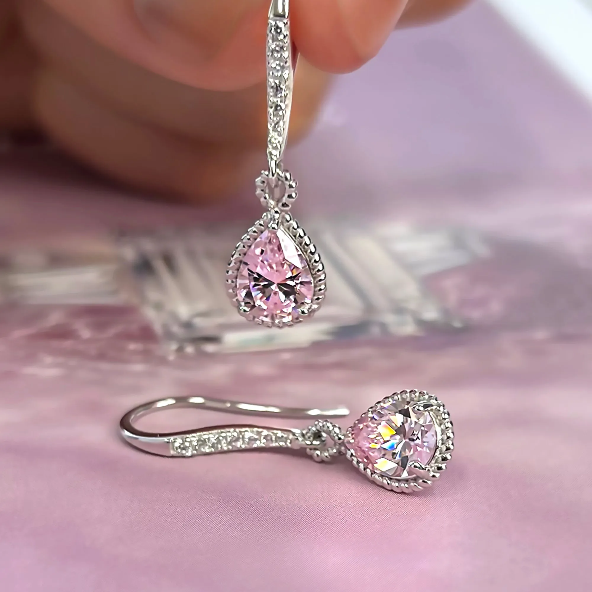 Sterling Silver 1 Carat Pear Cut Dangle Pink Earrings