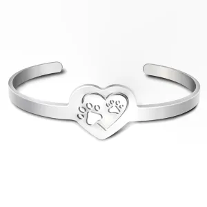 Sterling Silver Heart and Paw Cuff Bracelet