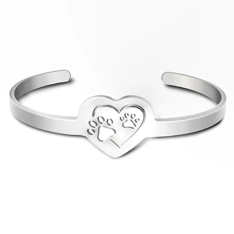 Sterling Silver Heart and Paw Cuff Bracelet