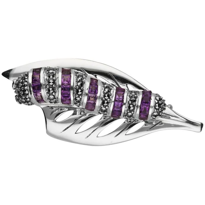 Sterling Silver Marcasite Amethyst Garnet Style & Fashion Caterpillar Leaf Brooch