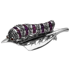 Sterling Silver Marcasite Amethyst Garnet Style & Fashion Caterpillar Leaf Brooch