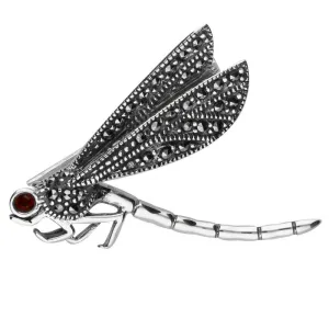 Sterling Silver Marcasite Garnet Style & Fashion Flying Dragonfly Brooch