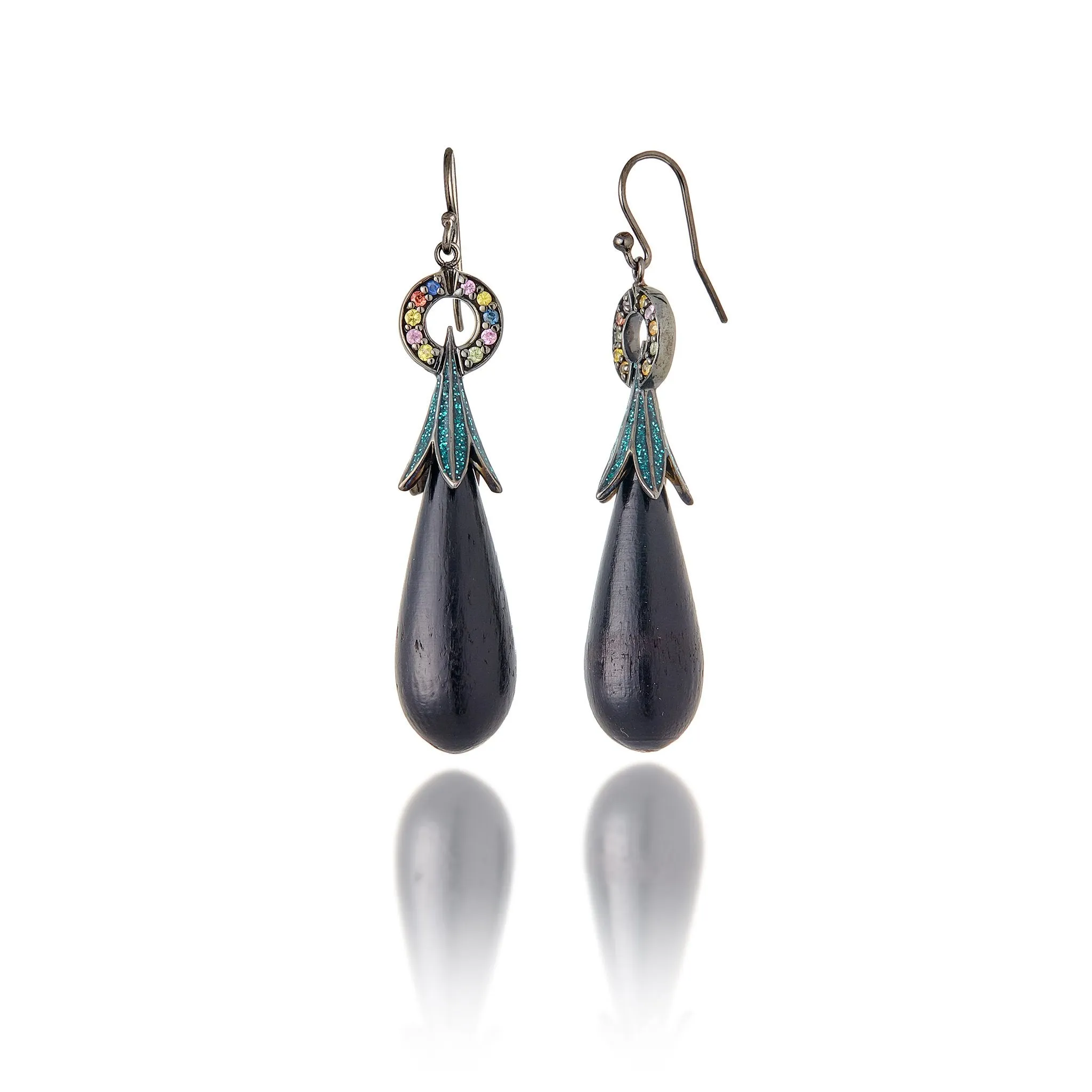 Sterling Silver Statement Earrings with Forest Green Glitter Enamel, Mixed Sapphires & Dark Wood