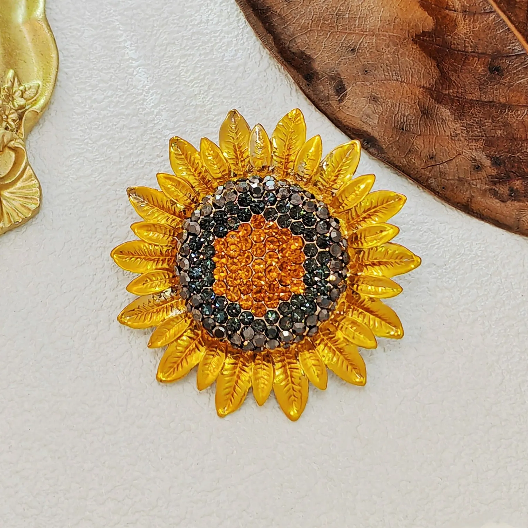 Stunning Metallic Petal Micro Pave Crystal Golden Sunflower Brooches Pin