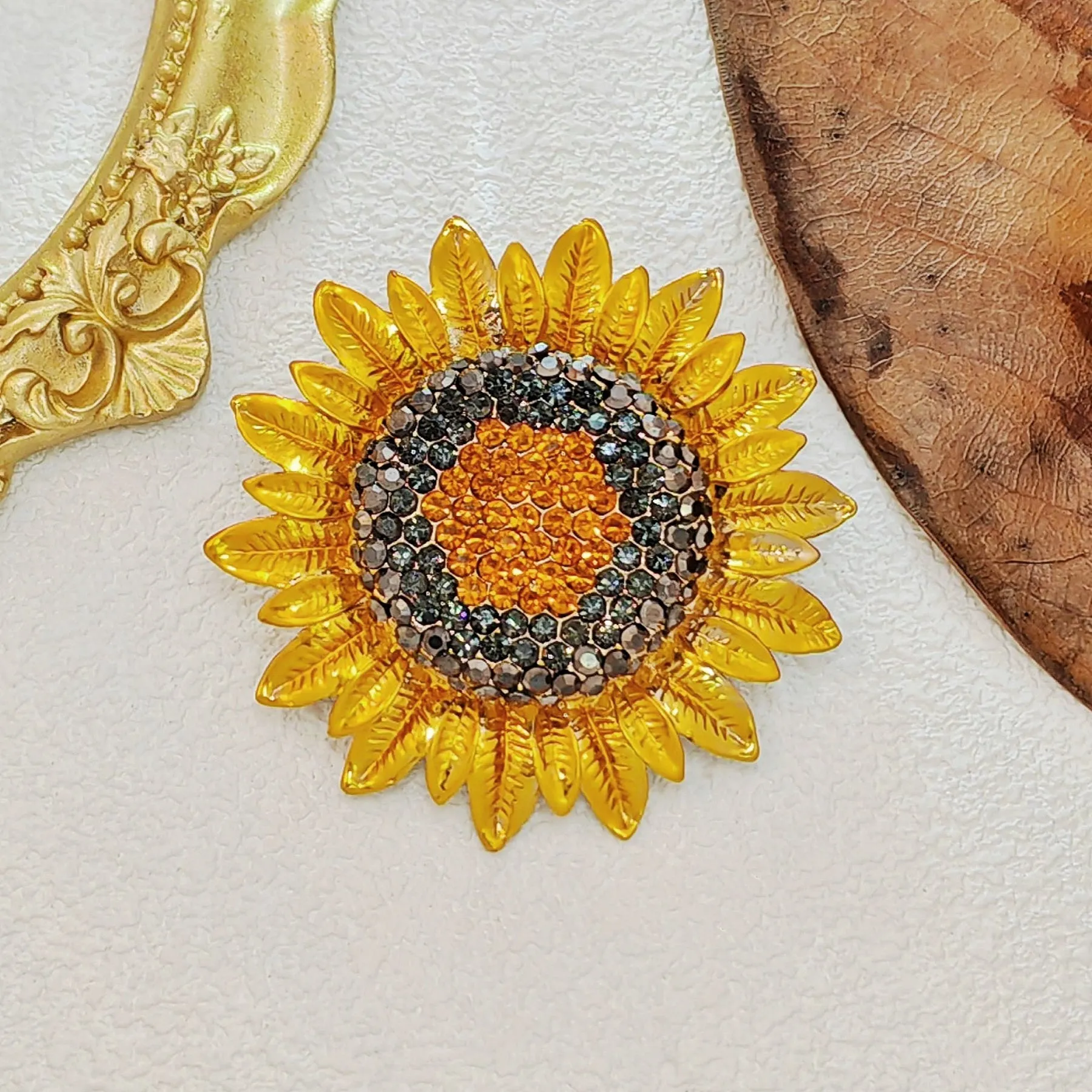 Stunning Metallic Petal Micro Pave Crystal Golden Sunflower Brooches Pin