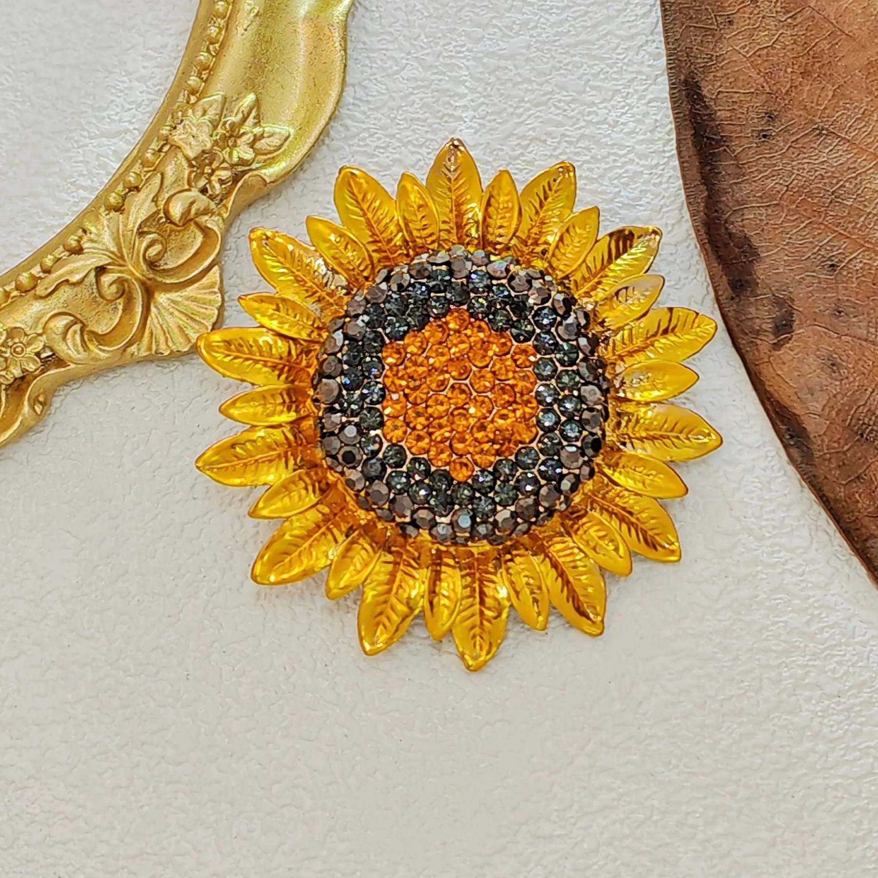 Stunning Metallic Petal Micro Pave Crystal Golden Sunflower Brooches Pin