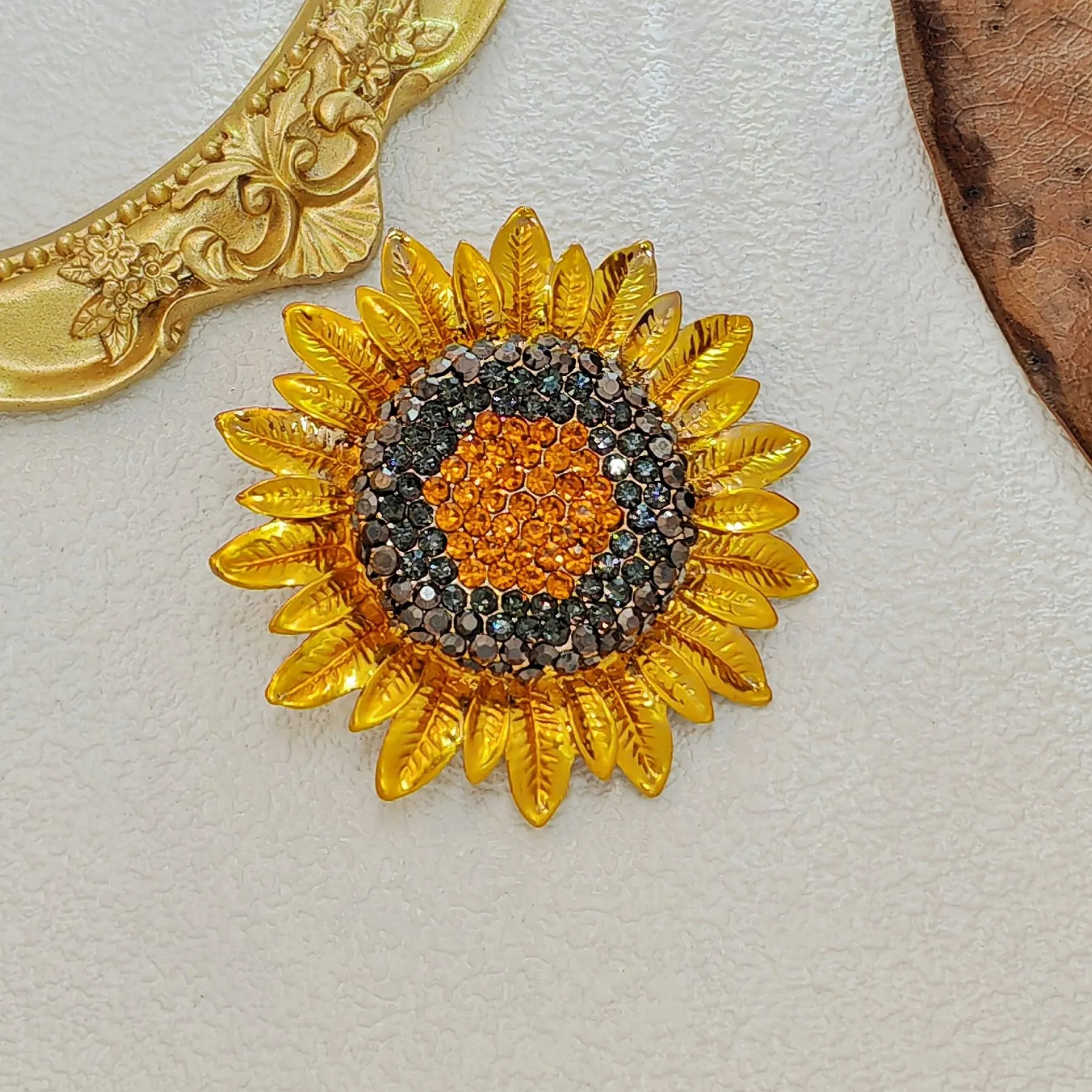Stunning Metallic Petal Micro Pave Crystal Golden Sunflower Brooches Pin