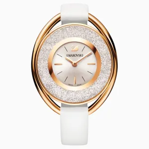 Swarovski Crystalline Oval Watch Leather Strap White Rose-Gold Tone