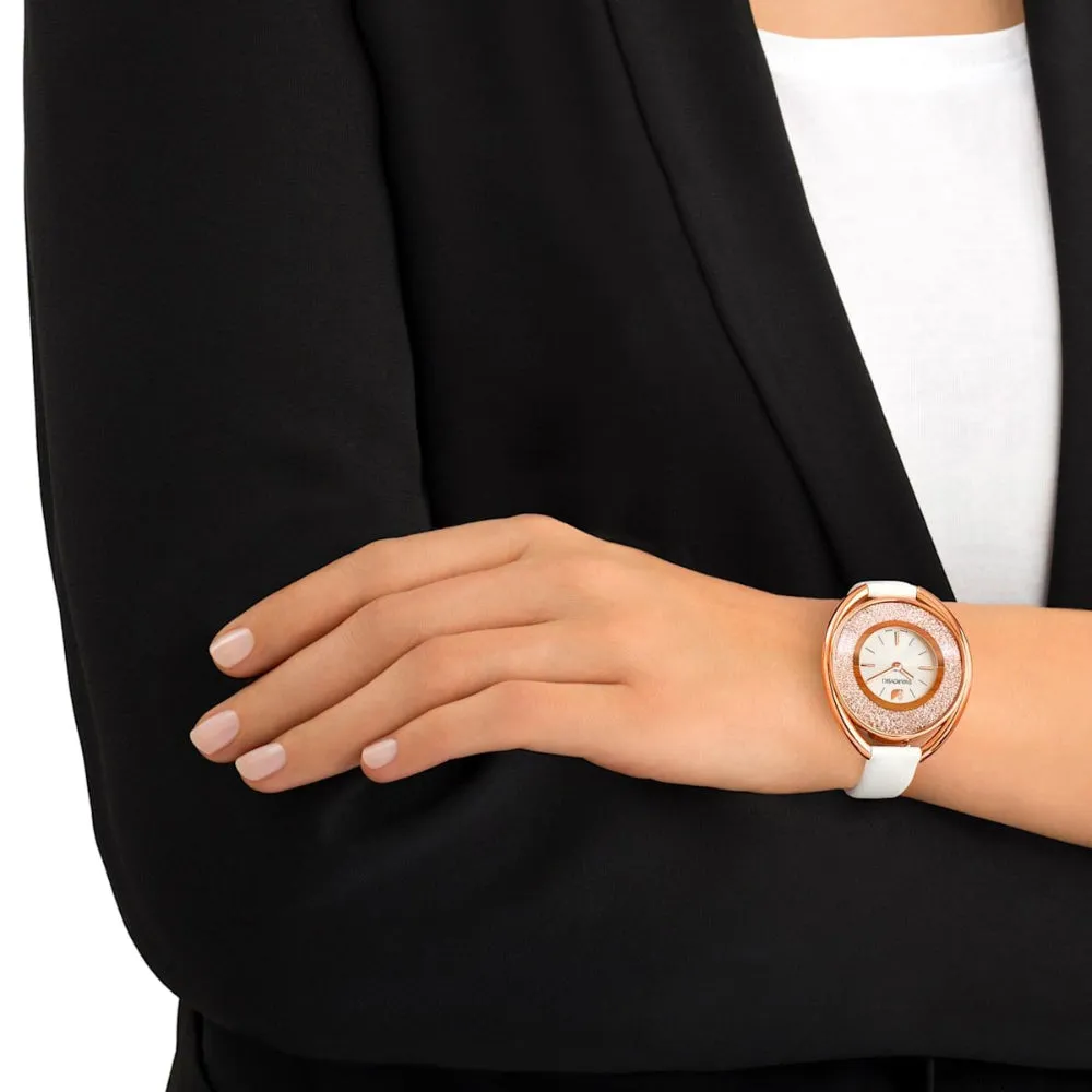 Swarovski Crystalline Oval Watch Leather Strap White Rose-Gold Tone