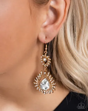 Teardrop Traveler - Gold - White Rhinestone Teardrop Paparazzi Fishhook Earrings