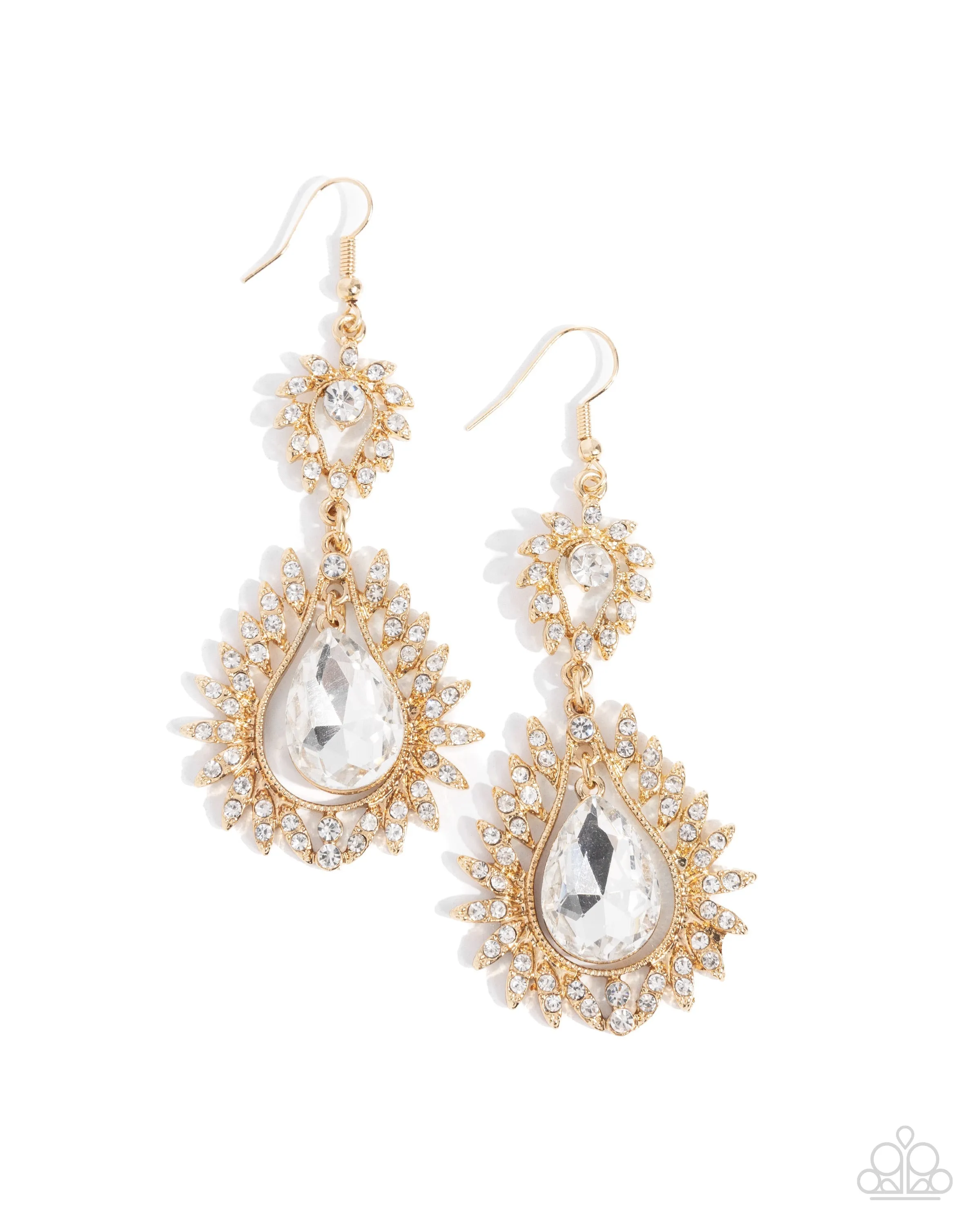 Teardrop Traveler - Gold - White Rhinestone Teardrop Paparazzi Fishhook Earrings