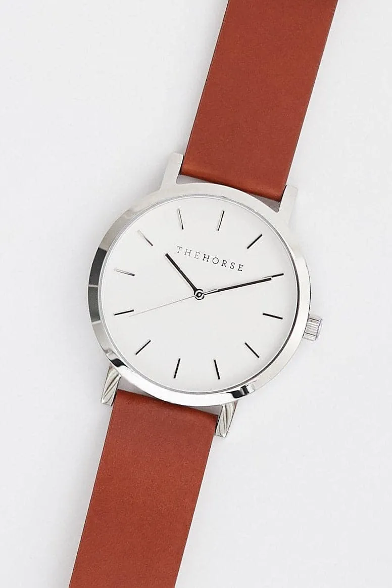 THE HORSE ORIGINAL WATCH - POLISHED STEEL/ WHITE FACE/TAN LEATHER