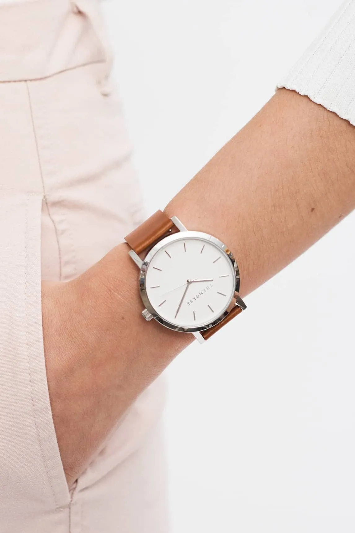 THE HORSE ORIGINAL WATCH - POLISHED STEEL/ WHITE FACE/TAN LEATHER