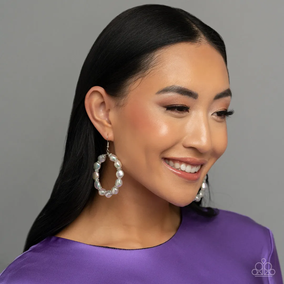 The PEARL Next Door - White - Asymmetric Iridescent Pearl Hoop Paparazzi Fishhook Earrings