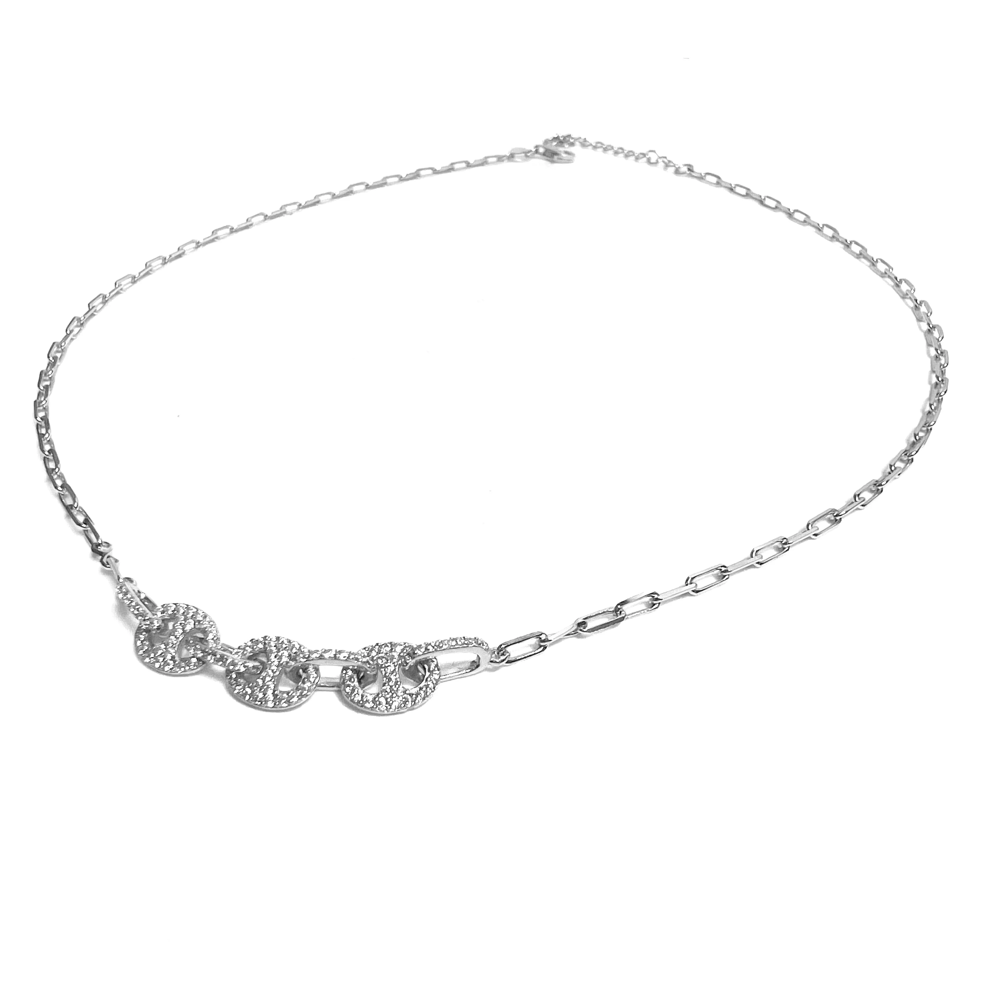 Three Pave Button Paperclip Necklace