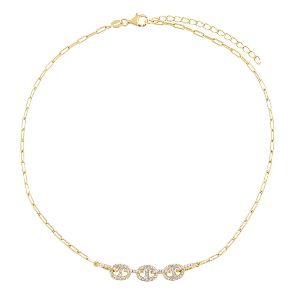 Three Pave Button Paperclip Necklace